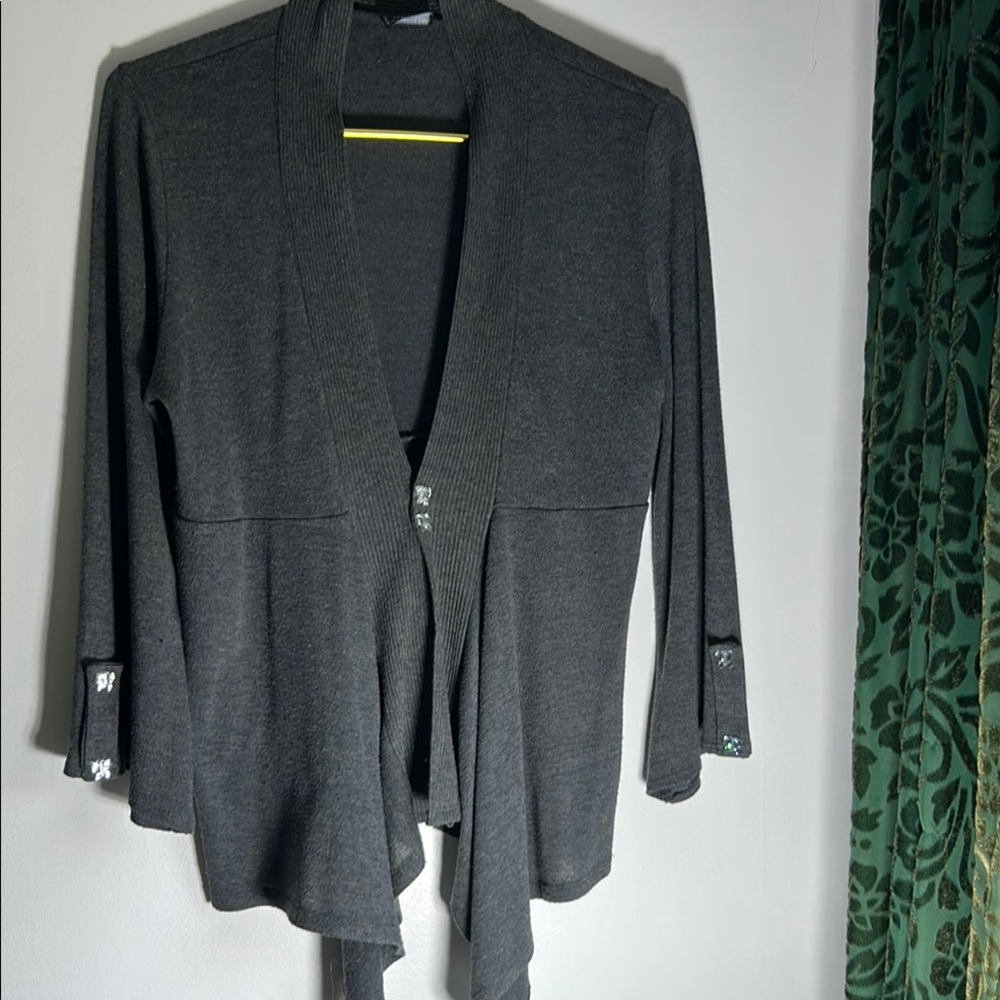 Stylish Gray double snaps with acrylic butterfly on Front Cardigan and sleeves.